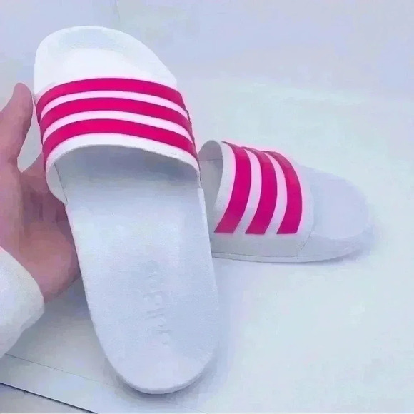 Adidas Pink & White Slides Sz 6 - Picture 1 of 10